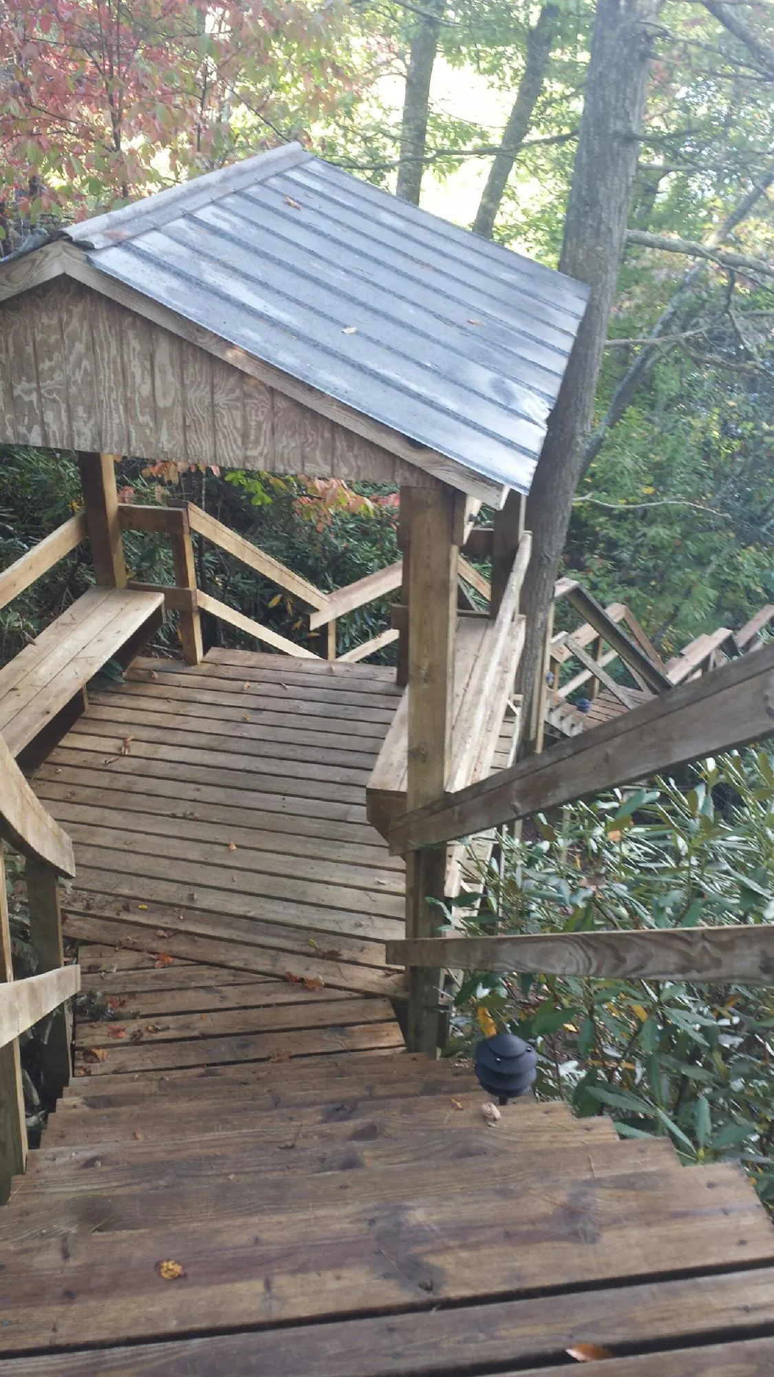 Metal roofed shelter over wooden steps on a wooded walkway — Skylight Repair & Installation work by our crew in Ringgold